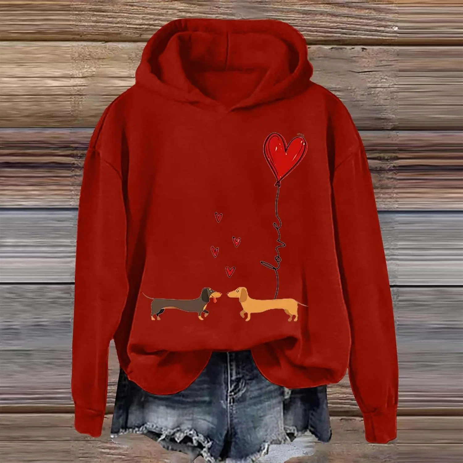 Женское худи с принтом Dachshund Hoodie, красный — фото 2