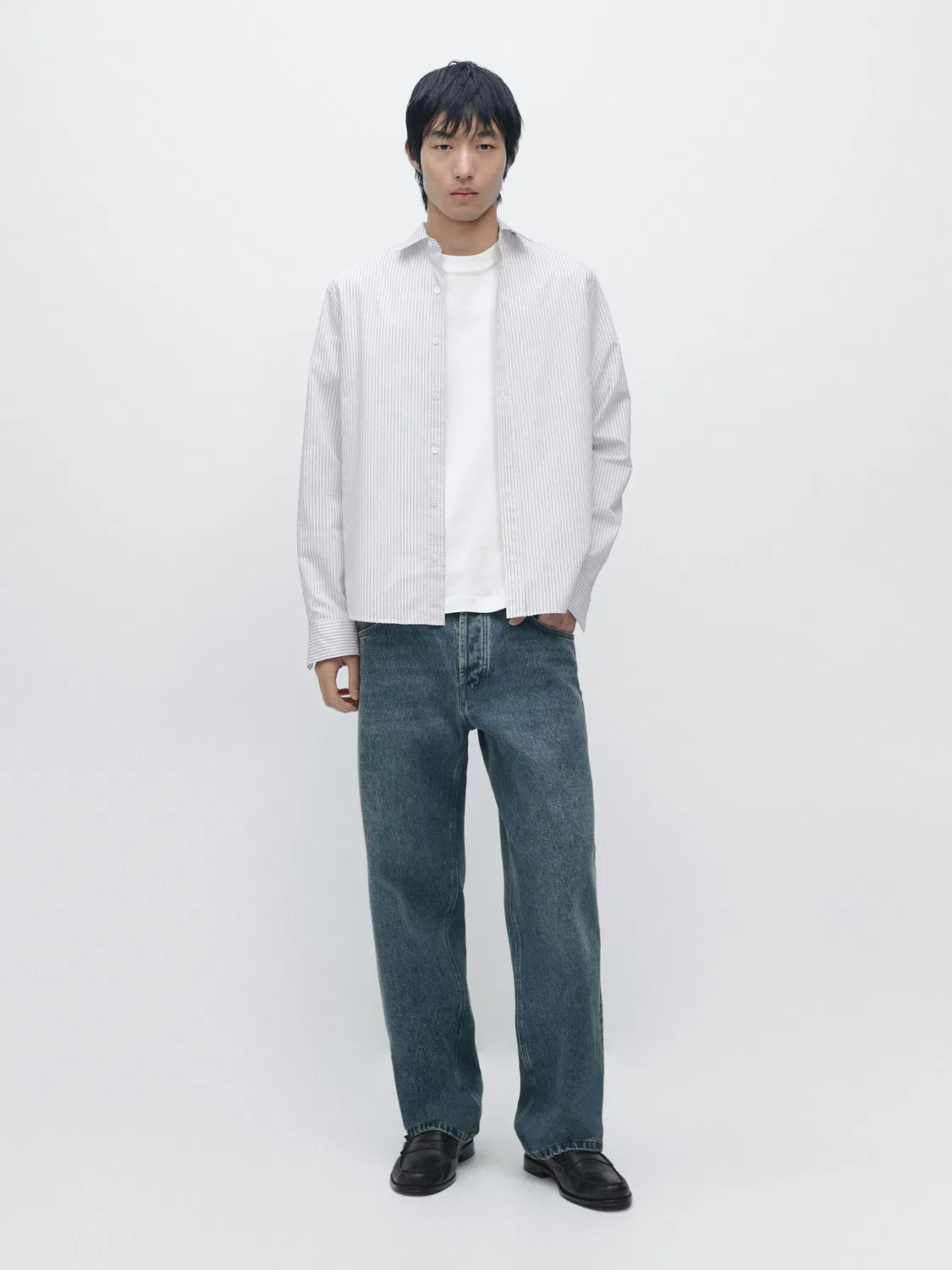 Рубашка в полоску, стандартного кроя, из смесовой хлопковой ткани Massimo Dutti, синий