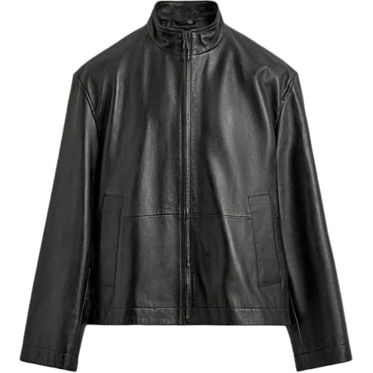 Мужское кожаное пальто с воротником-стойкой Black ZARA, Black
