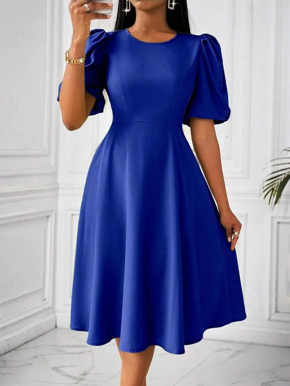 Женское платье А-силуэта с пышными рукавами, миди, Royal Blue — фото 3