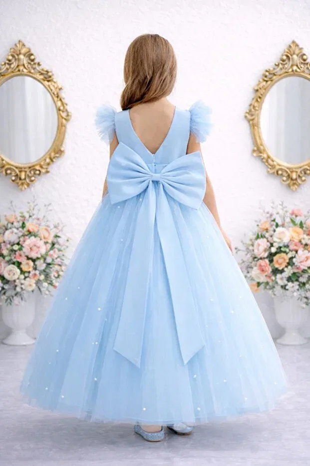 Детское платье для девочек с воланами Ruffle sleeves baby blue long pearl girls princess dress graduation birthday dress Suneh, Baby Blue — фото 3