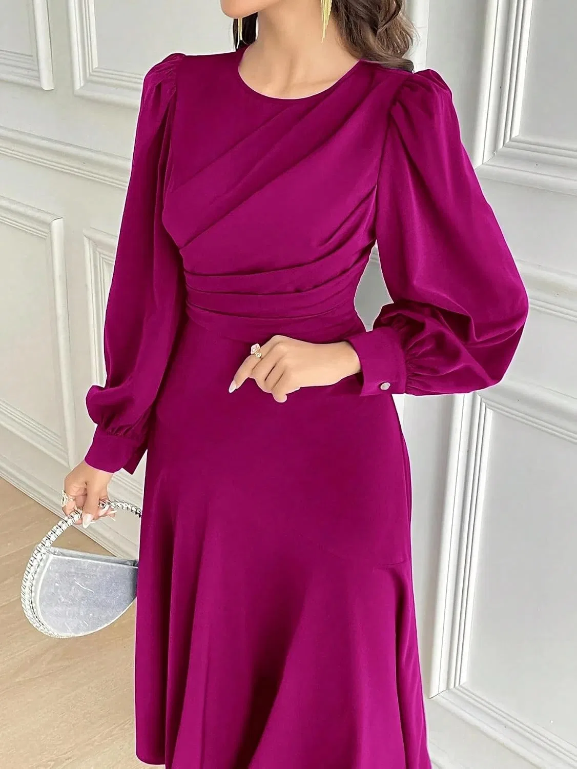 Женское платье А-силуэта с длинным рукавом, Hot Pink — фото 4