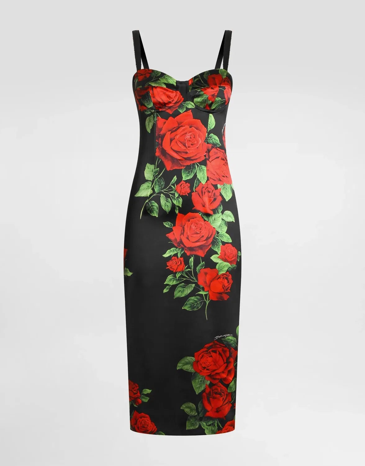 Атласное платье с принтом роз Dolce & Gabbana, серый