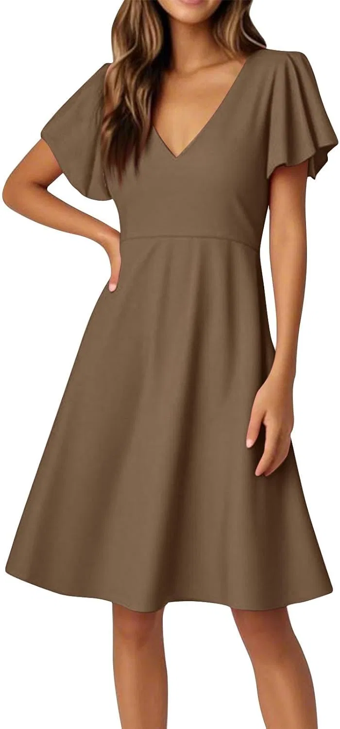 Женское летнее платье с V-образным вырезом и завышенной талией, Light Brown