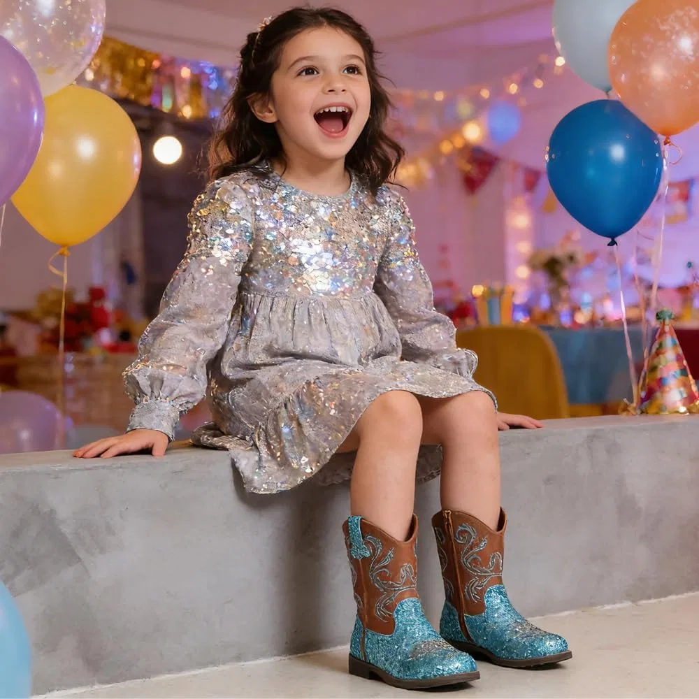 Детские сапоги для девочек и мальчиков с блестками Cowgirl Boots kkdom, Glitter Blue — фото 2