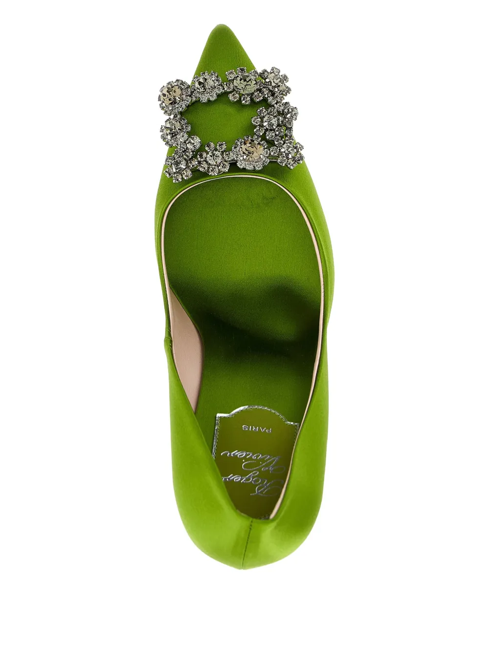 Туфли на каблуке 100 мм с цветочным принтом и стразами Roger Vivier, зеленый — фото 3