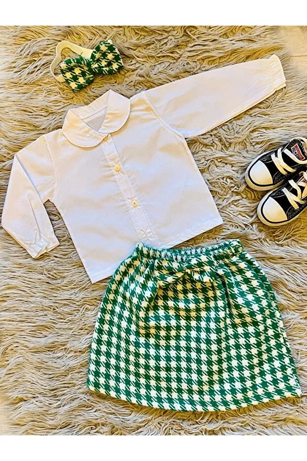 Детский комплект из рубашки, юбки и банданы с принтом Festive Houndstooth Pattern Bow Enes Baby, Green