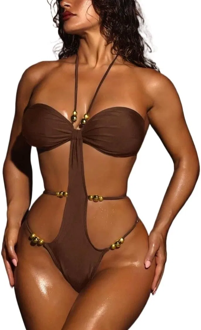 Женский цельный купальник с открытой спиной Halter Generic, Brown