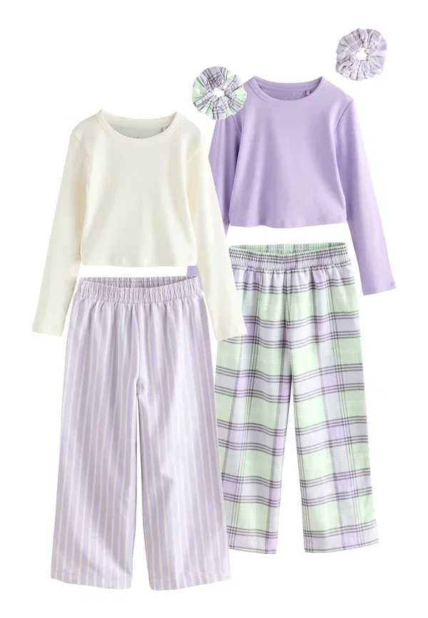 Пижамный комплект с резинками для волос, хлопок, Regular fit - 2 pack with hair scrunchies set, Next, purple, green, зеленый/фиолетовый