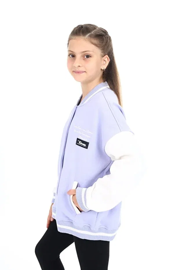 Детский кардиган с принтом Girls' college collar snap closure pocket low shoulder embroidery printed color block knitted cardigan Toontoy, Blue — фото 2