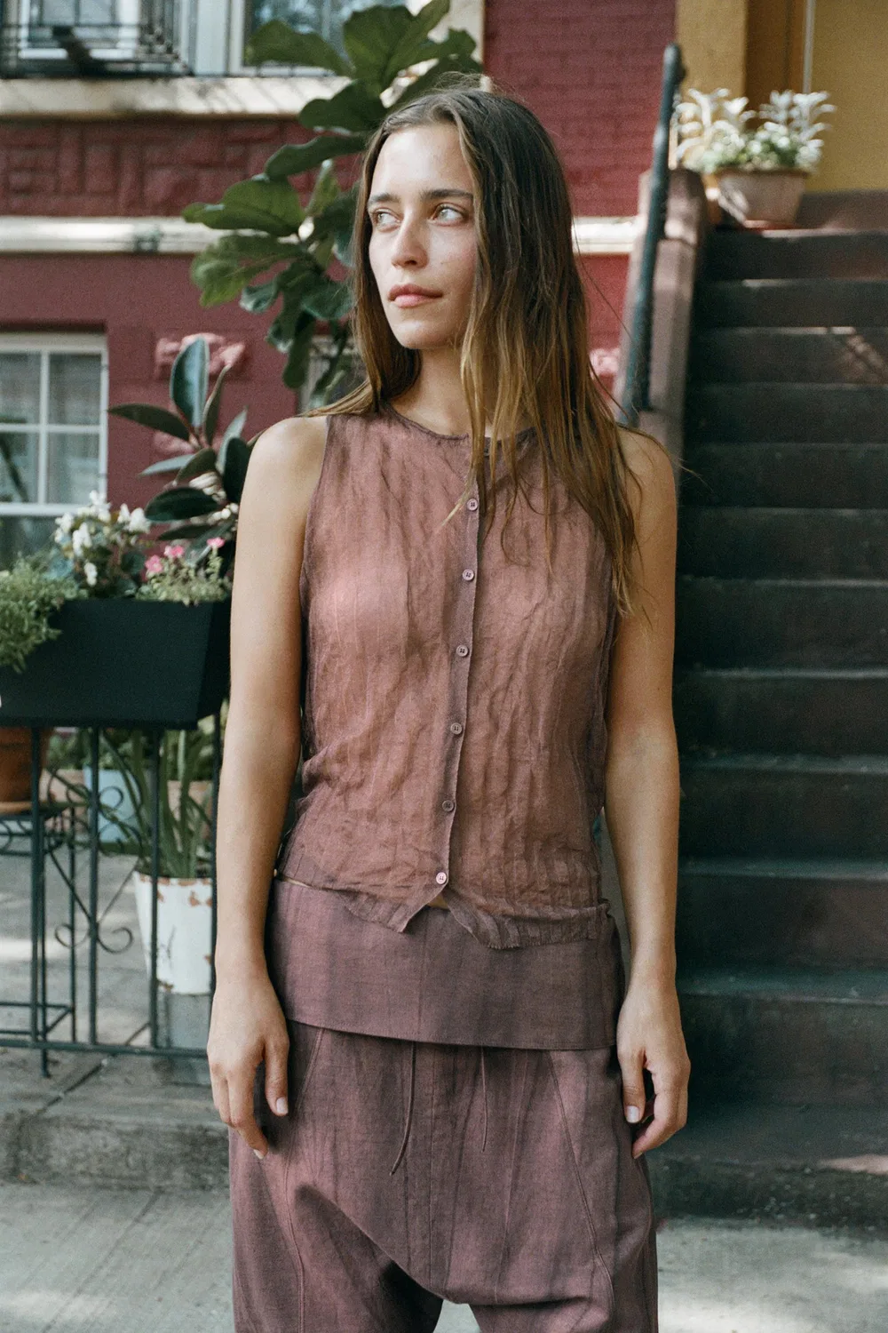 Топ CREASED-EFFECT BUTTON ZARA, Brown — фото 2