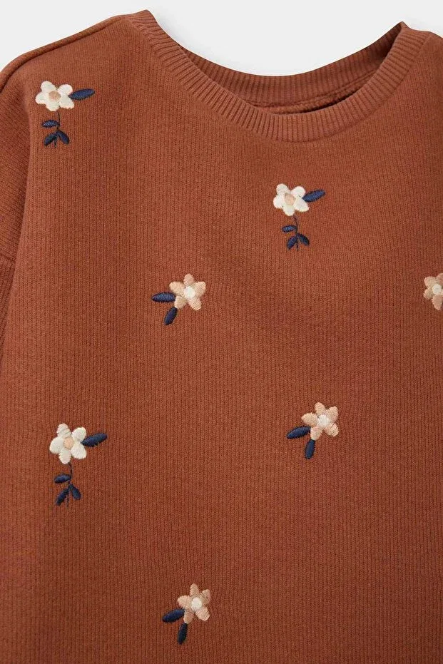 Детская футболка для девочек с принтом Oversized loose fit crew neck floral long sleeve t-shirt baby girl g6839a525cw Defacto, Coffee-Bn176 — фото 3