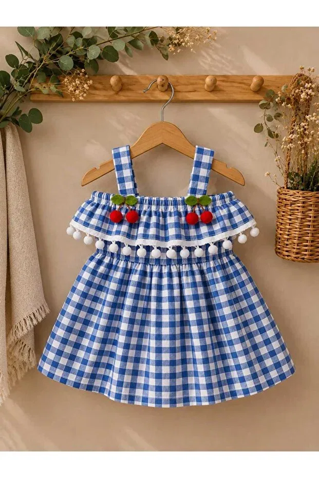 Детское платье для девочек хлопковое Pompom Gingham Krm Kerem Bebe, Blue — фото 3