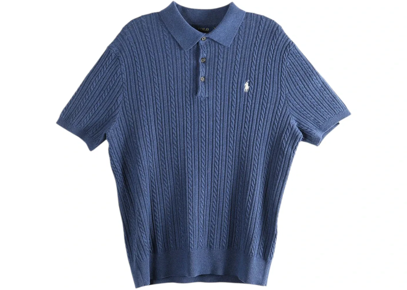 Мужской джемпер с коротким рукавом Featherweight Cable Knit 3-Button Placket Polo Ralph Lauren, Rustic Navy Heather