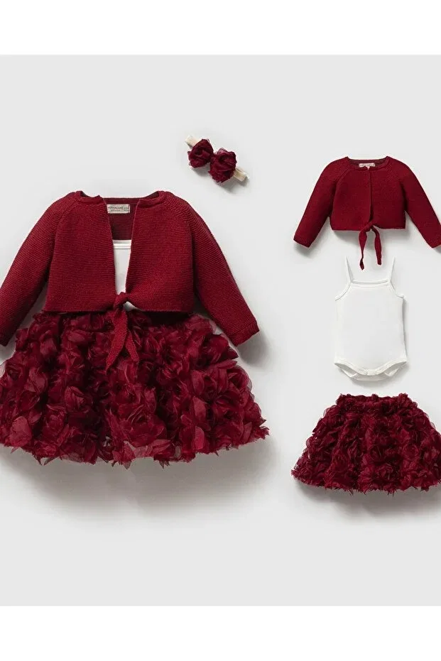 Детский комплект для девочек вязаный с принтом Rosalinda knit cardigan with rose skirt 4-piece organic baby girl set Mert Baby, Burgundy