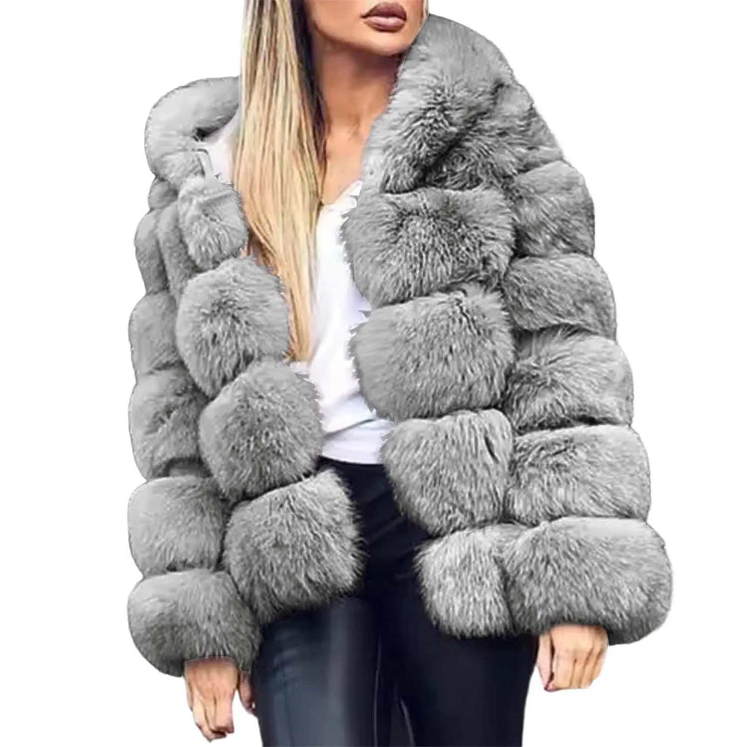 Женское флисовое пальто с капюшоном, Light Grey-A