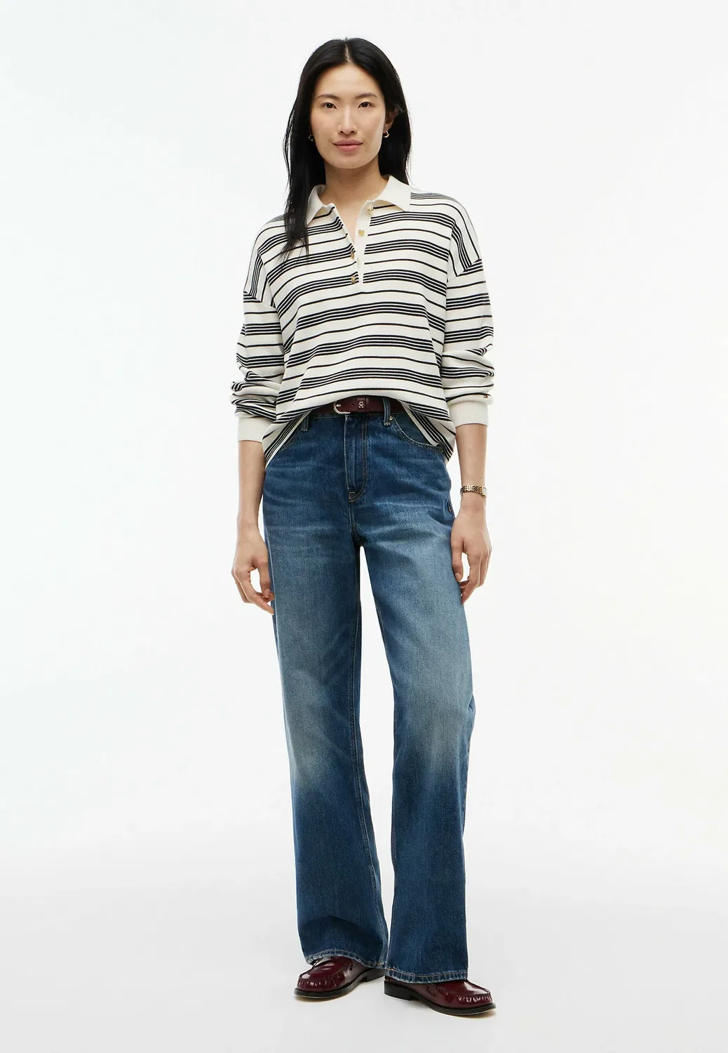 Премиальный вязаный поло-джемпер с золотистыми пуговицами Tommy Hilfiger, Broken Stripe Ecru Black — фото 2