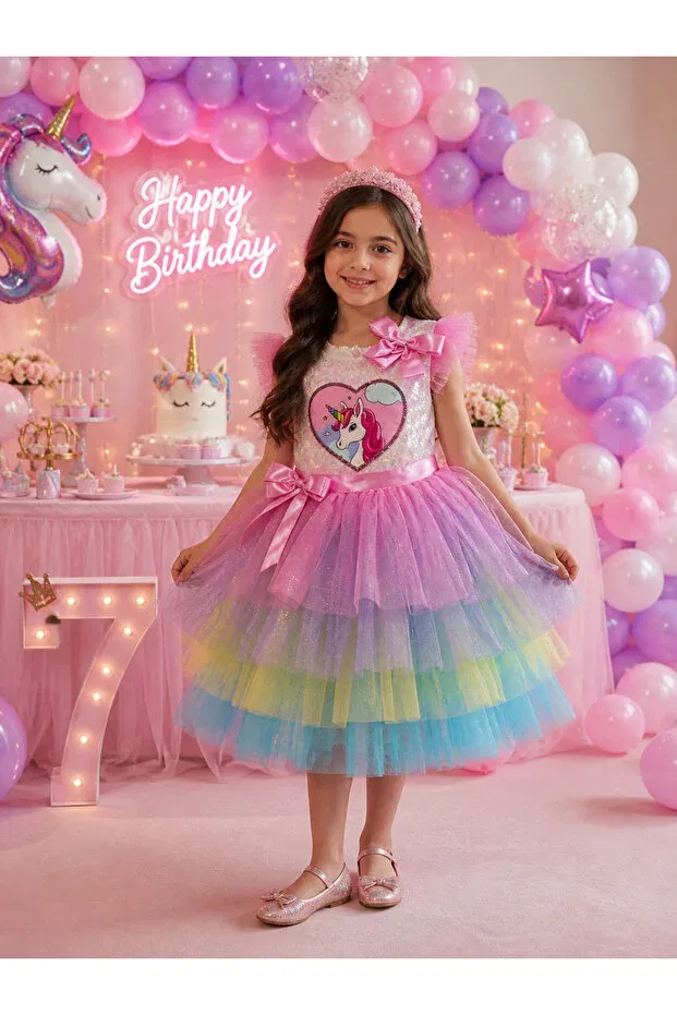 Детское платье для девочек с пайетками Unicorn girls dress sequin princess birthday party Tinytrends, Pink