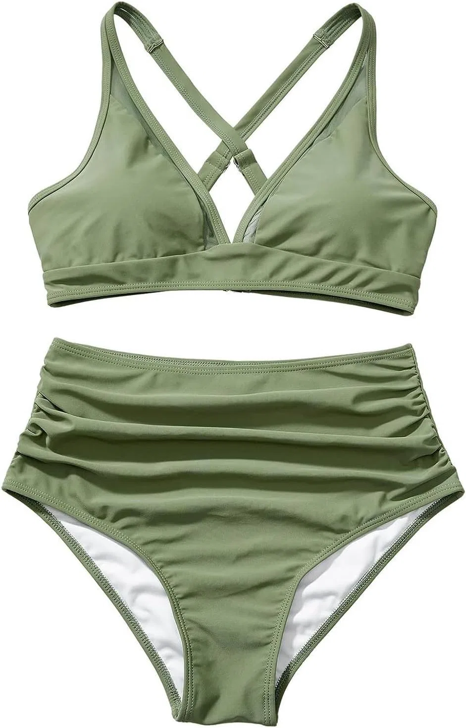 Женский бикини-топ с сетчатой вставкой и регулируемыми бретелями, High Waisted Bikini Sets, Army Green — фото 4