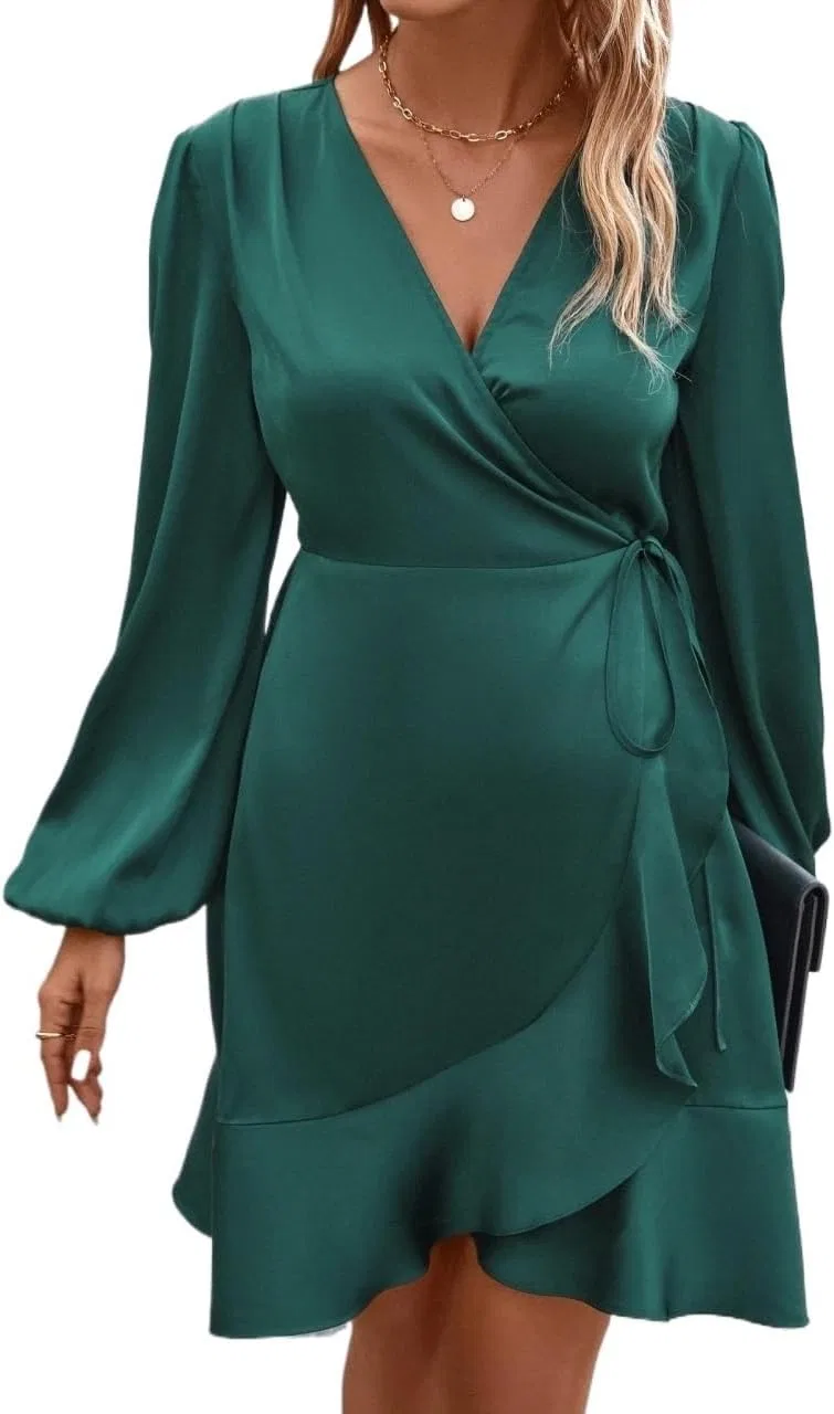 Женское A-силуэта платье с V-вырезом Satin, Green