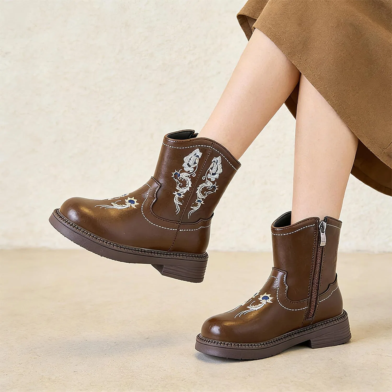 Детские сапоги для девочек с вышивкой Cowboy Western Boots rismart, Brown — фото 3