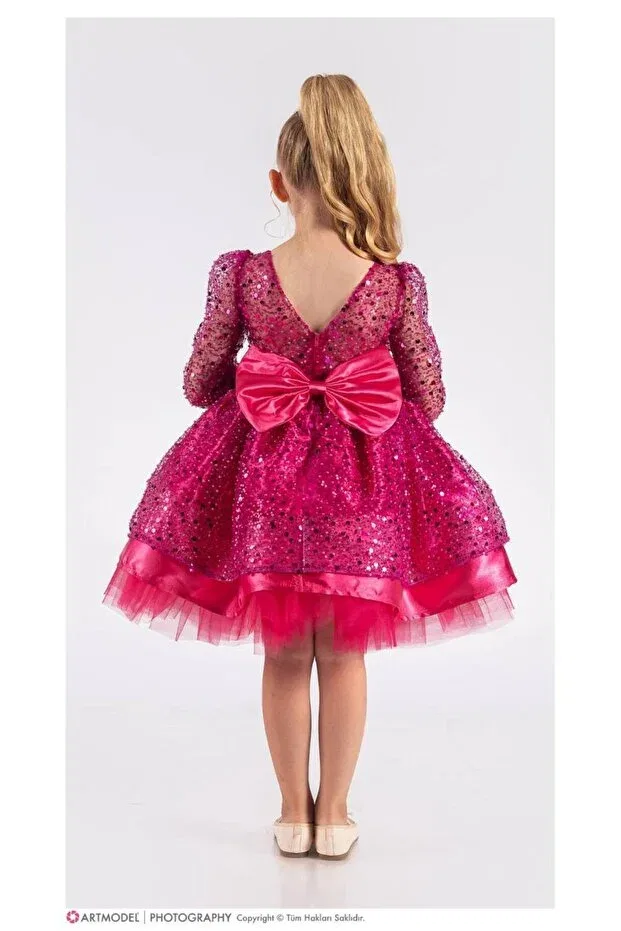 Детское платье для девочек с длинным рукавом Fuchsia princess model sequin embroidered children's evening dress Sare Çocuk Giyim, Fuchsia — фото 3