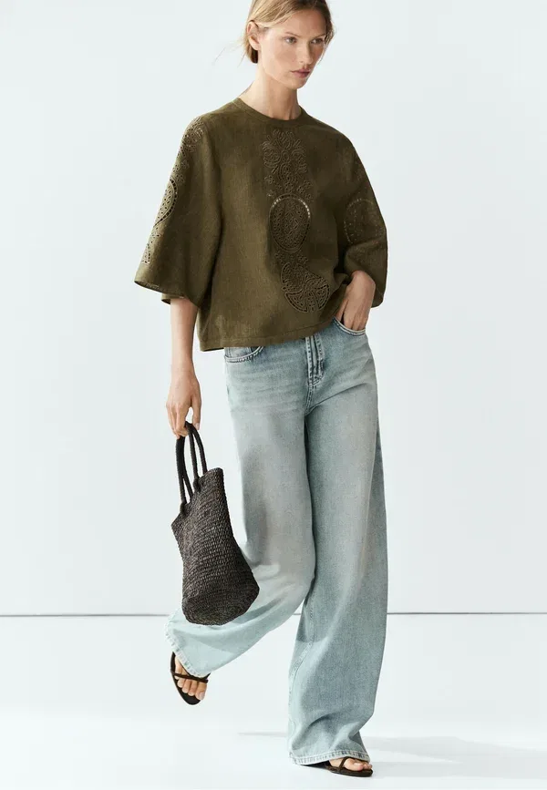 Блуза из льна Blouse Massimo Dutti, зеленый — фото 3
