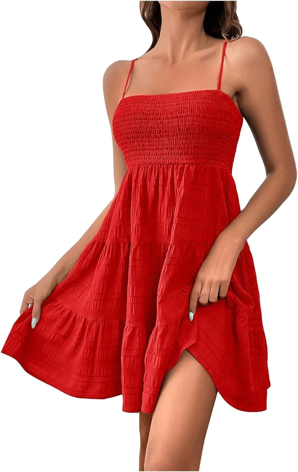 Женское летнее платье с квадратным вырезом на бретелях Smocked, Red