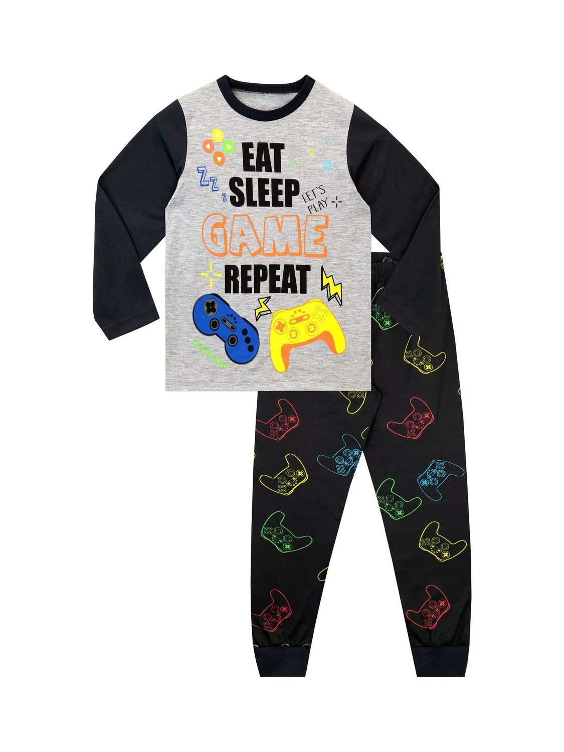 Пижама длинная с принтом, модель Eat Sleep Game Repeat Harry Bear, черный