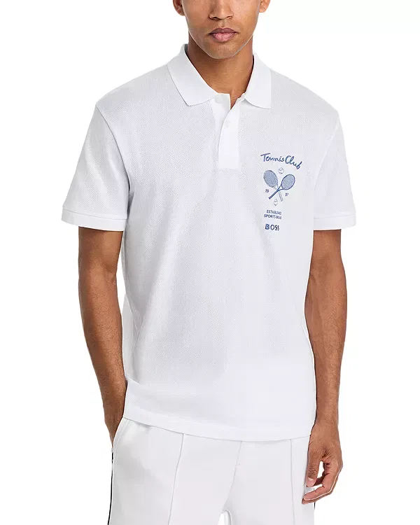 Мужская рубашка поло с принтом Tennis Member Mesh Logo Graphic Polo Shirt Boss, белый