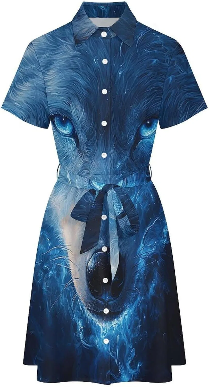 Женское летнее платье-рубашка на пуговицах с поясом Wolf Blue Flaming, White — фото 3