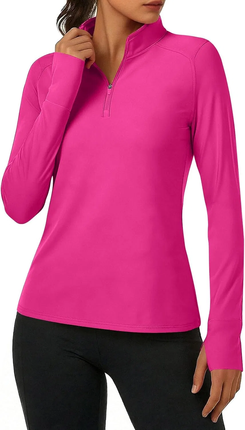 Женская рашгард с защитой UPF 50+ с четвертью замком, Hot Pink