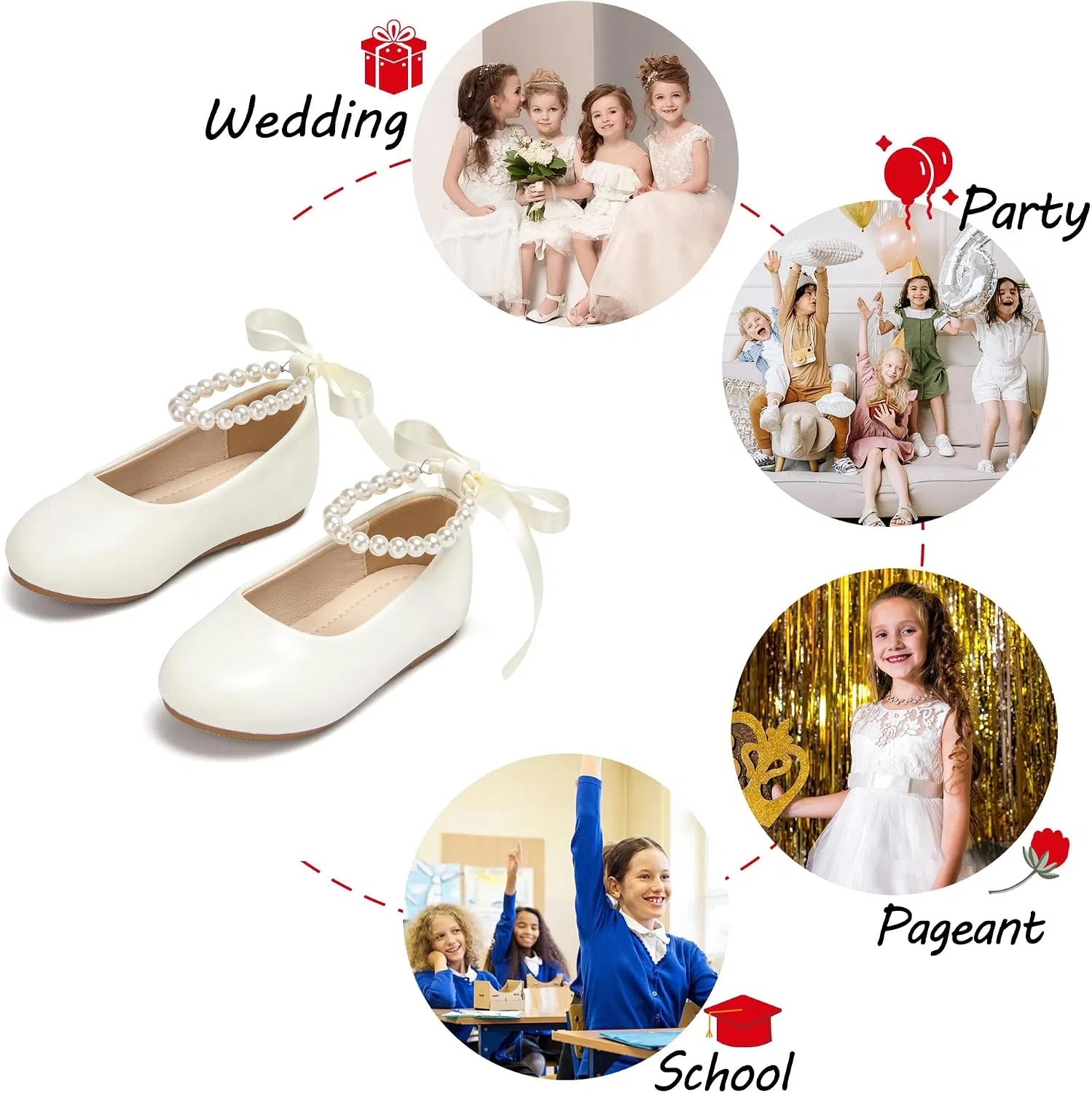 Детские туфли-балетки для девочек с жемчужным ремешком PHIRAMIN, Ivory White Pearl Strap — фото 4