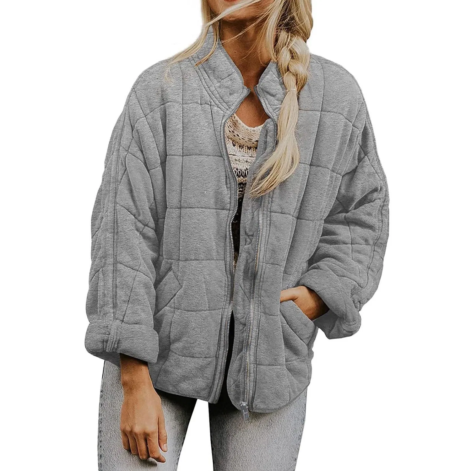 Женское зимнее пальто с принтом Women Winter Coats Warm Coat Loose Solid Color Quilted Coat Collar Zipper Jacket Outerwear with Pocket Casual Jacket Large and Tall, grey