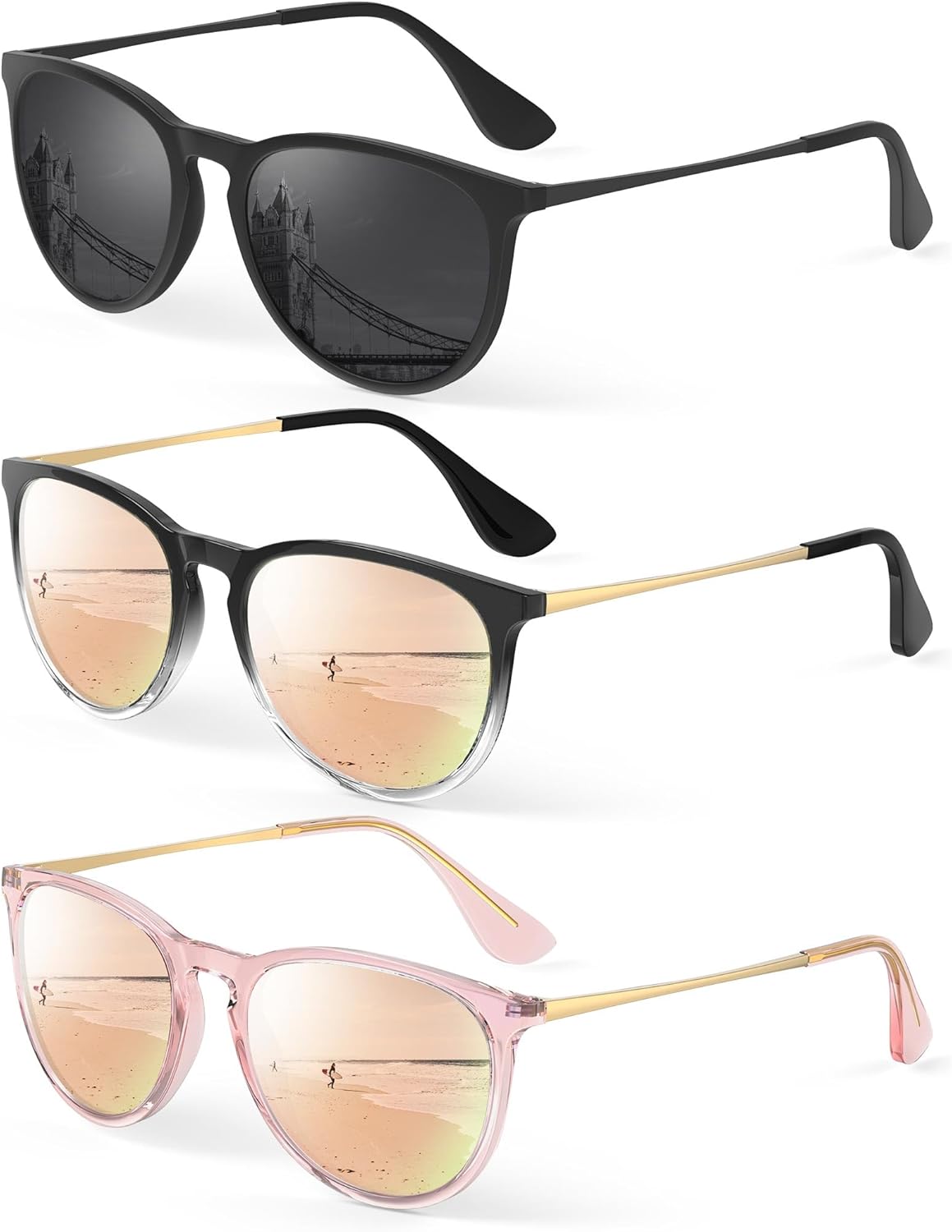 

Женские поляризованные солнцезащитные очки KALIYADI: модные солнцезащитные очки с защитой от УФ-излучения UV400 в стиле ретро для вечеринок, пляжа и шопинга, C11 Black/Grey + Transparent Pink/Champagne Gold + Black/Champagne Gold