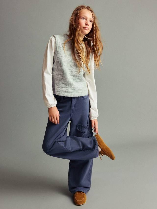 

Детские хлопковые брюки-клёш с цветочной вышивкой Mango, Medium Blue