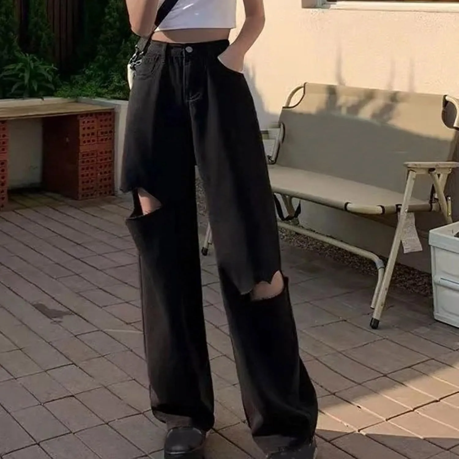 Джинсы женские Wide Leg High Waisted Stretch Ripped Boyfriend — фото 4