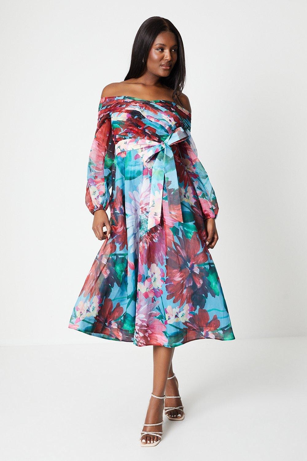 

Платье миди с длинными рукавами и плиссированным лифом из органзы и бардо Coast, зеленый