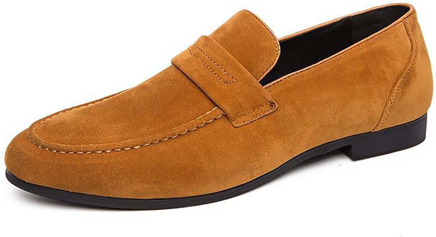 

Мужские замшевые сандалии FAGLKAK, ручная работа, низкий каблук, модные, легкие, с округлым носком, на плоской подошве, без застежек, повседневные мокасины и делового стиля, пенни-лоферы, желтый