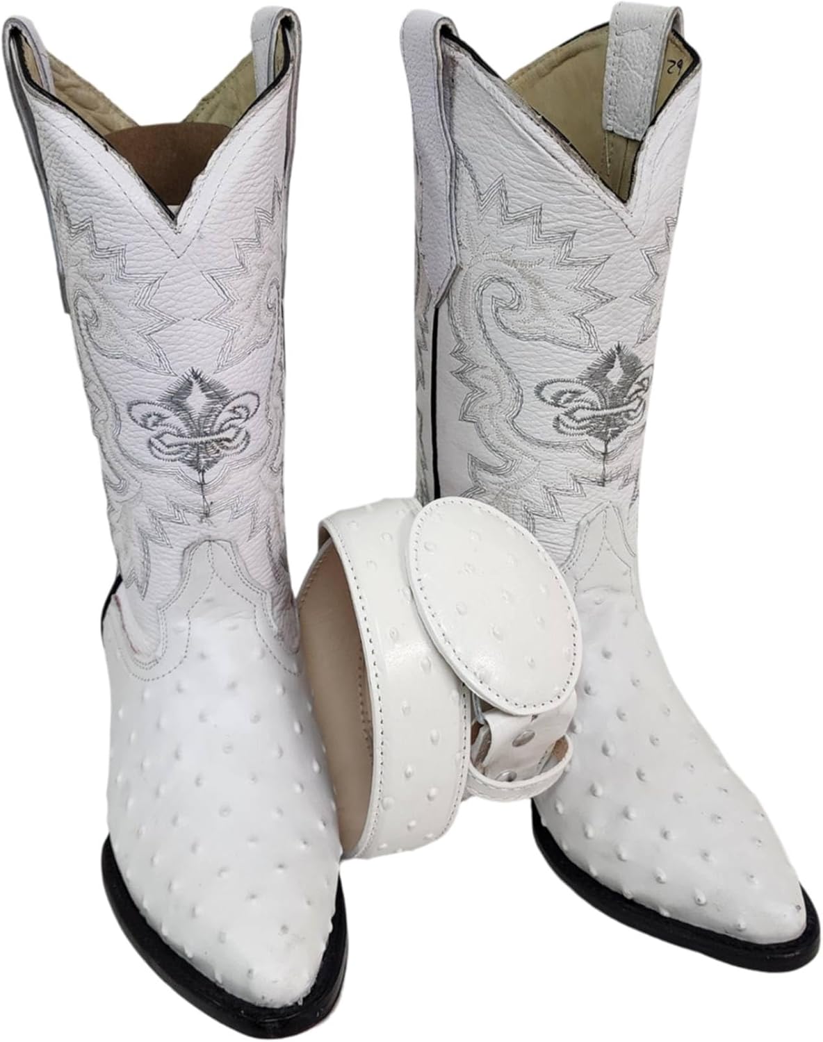 Мужские ковбойские сапоги Dona Michi Mens Western из кожи страуса белого цвета с принтом и подходящим ремнем — фото 2