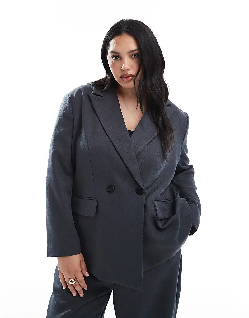 

Приталенный пиджак Vero Moda Curve с узором «в ёлочку» в цвете тёмно-серый меланж