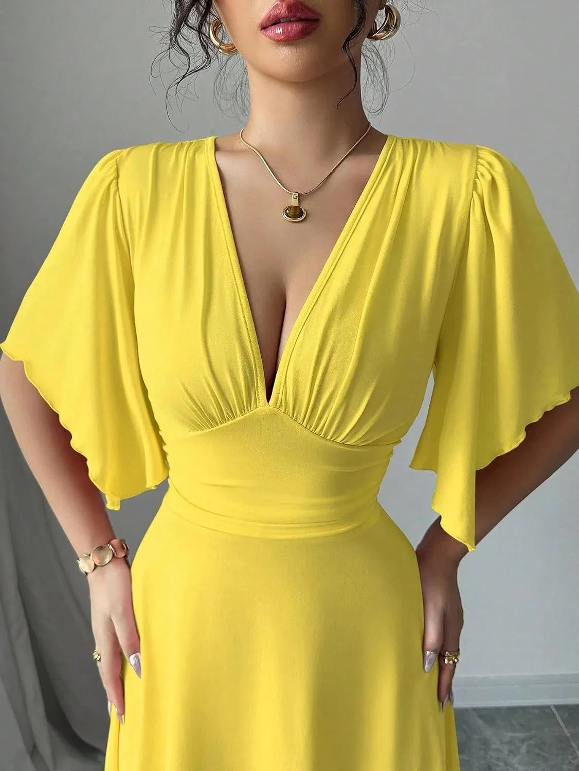 Женское повседневное платье A-силуэта с драпировкой на груди, Yellow — фото 3