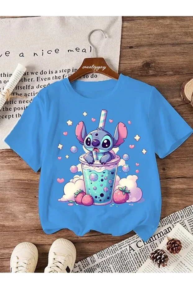 Детская футболка для девочек с принтом Stitch Strawberry Printed Oneagılyazı, Babe Blue