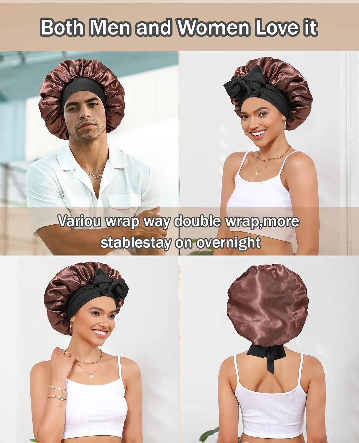 Шапочка для душа Satin Bonnet, двойной слой, с эластичной лентой, CHLINS, 35 см, Black + Yellow Brown — фото 4