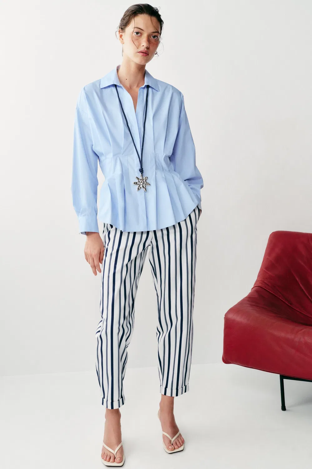 Полосатые чиносы ZARA, Ecru/Navy