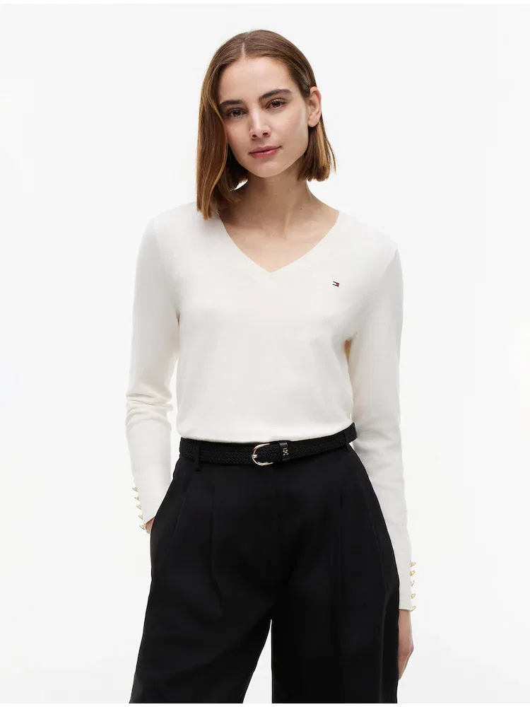 Свитер с V-образным вырезом, Cuff Button TOMMY HILFIGER, Ivory