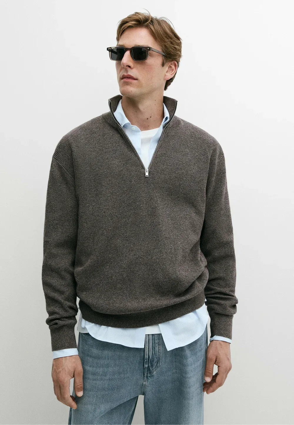Вязаный свитер с высоким воротником и застежкой-молнией Massimo Dutti, Light Brown