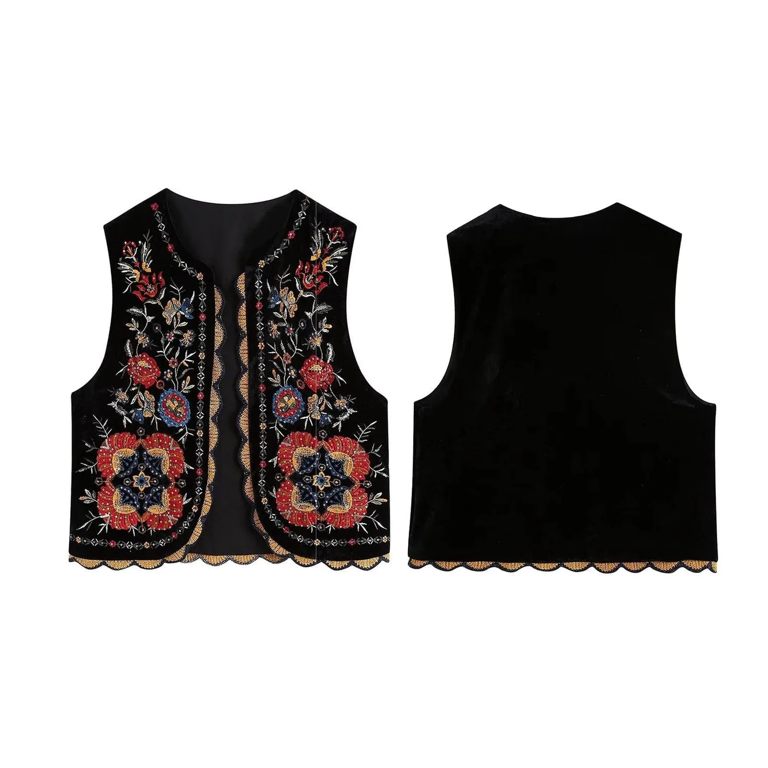 Женский жилет без рукавов с цветочной вышивкой Vintage Boho, Black — фото 4