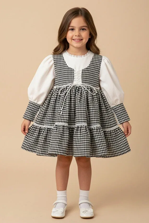 Детское платье для девочек с принтом Houndstooth patterned crepe evening dress baby girl black and white dress Bertuğ Bebek, Siyaz Beyaz