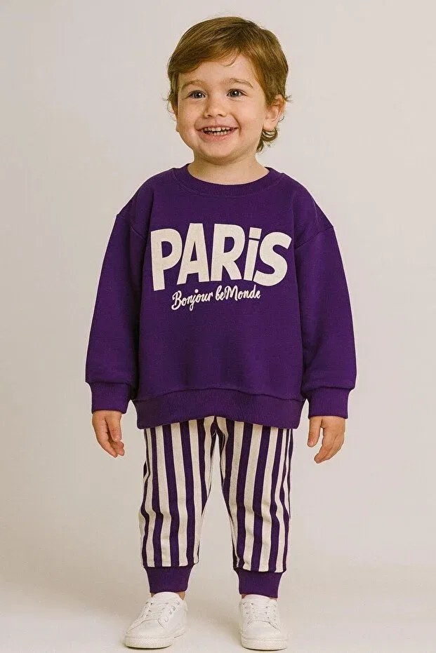Детский спортивный комплект для девочек с принтом Paris printed tracksuit set Booni Jooni, Purple — фото 4